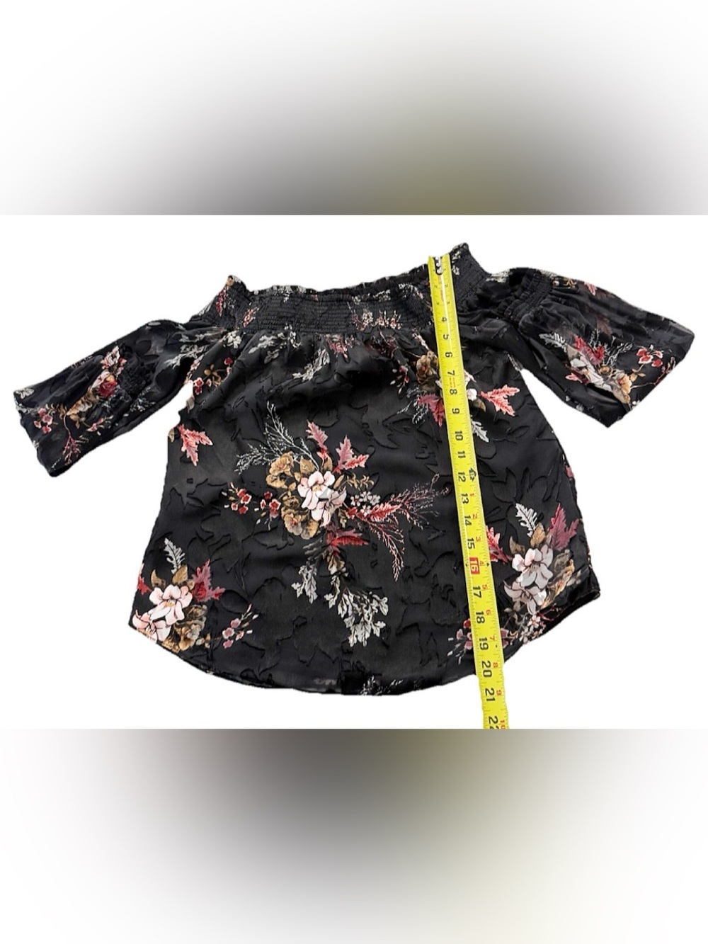 WHBM Black Floral Burnout Silk Off Shoulder Peasant Blouse XS - Picture 8 of 9